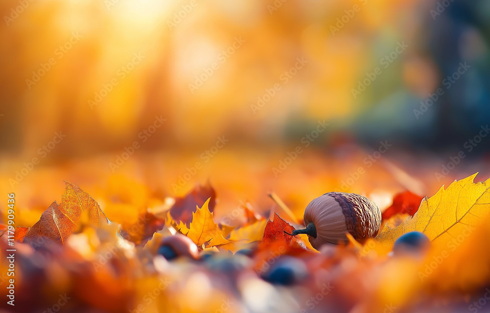 Poster a close-up of colorful autumn leaves and acorns scattered on the ground, creating an enchanting fall