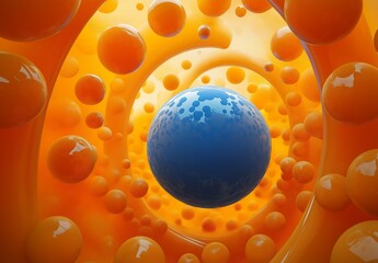 
A blue sphere is floating in the air, surrounded by orange spheres of varying sizes on an amber background.