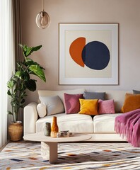 Modern living room, minimalist interior design, colorful abstract artwork, beige sofa, vibrant throw pillows, round coffee table, potted plant, large window, neutral walls, geometric patterns, mid-cen