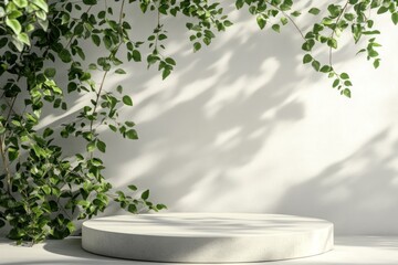 White platform, green leaves, sunlit wall, product display