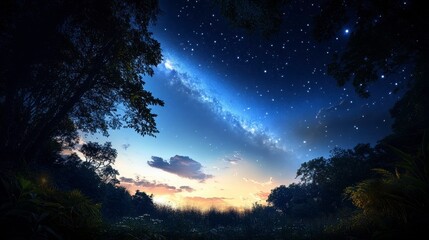 Fototapeta premium Serene Cosmic Night Sky, deep blue expanse adorned with scattered stars, evoking tranquility and wonder in a vast universe