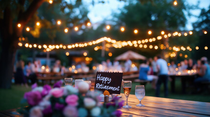 A beautifully decorated outdoor event with string lights, a "Happy Retirement" sign, and floral arrangements, creating a festive atmosphere for a celebration.