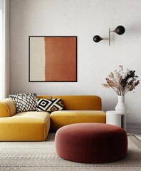 Modern interior design, minimalist living room, yellow curved sofa, burgundy cushion, round ottoman, abstract wall art, terracotta and cream tones, textured white wall, circular lamp, dried pampas gra