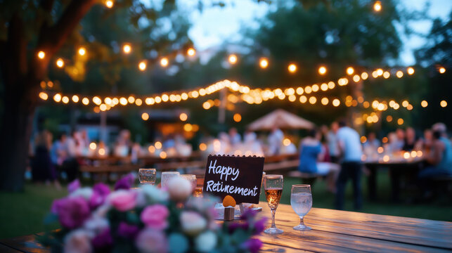 A beautifully decorated outdoor event with string lights, a "Happy Retirement" sign, and floral arrangements, creating a festive atmosphere for a celebration.