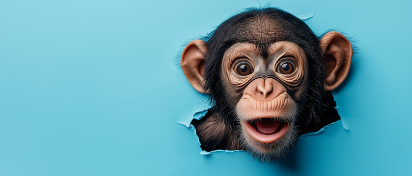  playful chimpanzee peeking through torn turquoise background for fun branding and creative campaigns. Copy space.