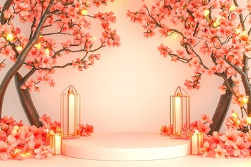 Serene Cherry Blossom Scene with Lanterns and Floral Decor
