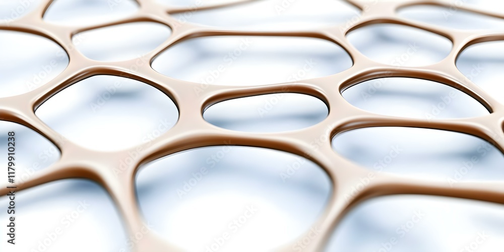 Poster a close-up view of a porous or honeycomb-like structure, highlighting interconnected shapes and text
