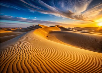 Naklejka premium Minimalist Desert Landscape: Smooth Sand Dunes at Sunset