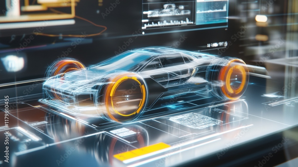 Aufkleber holographic projection displaying a futuristic car design in a manufacturing setting, emphasizing ad