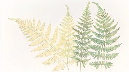 Naklejka premium pastel-colored illustration of a fern, with light green and yellowish hues, gently arranged in a natural flowing shape, isolated on a white background. [Fern]:[isolate on white background] 
