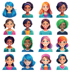 A collection of teenage girl cartoon head and shoulder avatars featuring vibrant and expressive designs. Each avatar highlights diverse hairstyles, skin tones, and accessories