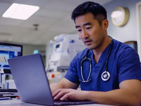 Focused male healthcare professional in scrubs using laptop for patient data management in modern medical facility with equipment in background