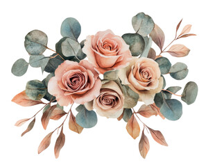 Elegant bouquet of pastel roses and eucalyptus leaves on a white isolate background.