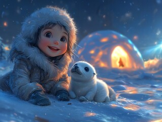 Obraz premium small cute Eskimo girl, she feeds a small baby seal with a fish