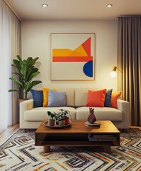 Modern living room, minimalist interior design, colorful abstract artwork, beige sofa, vibrant throw pillows, round coffee table, potted plant, large window, neutral walls, geometric patterns, mid-cen