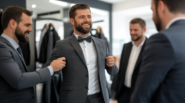 A man tries on a suit while friends cheer him on in a stylish clothing store, showcasing camaraderie and fashion.