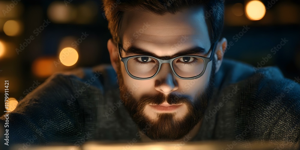 Poster a man with glasses and a beard intently gazes at a source of light, with a softly blurred background