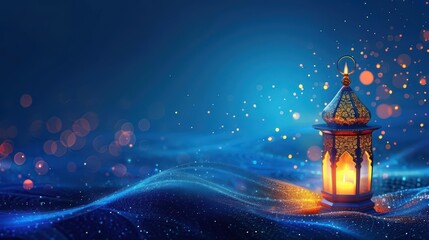 A decorative lantern glowing against a blue background with shimmering lights.