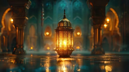 A glowing lantern illuminates a beautifully designed architectural space.