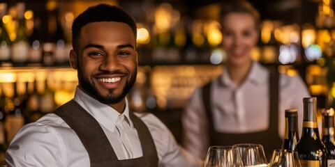 A smiling bartender in a bar setting, with bottles displayed in the background and another person partially visible. Concept Bartender Smiling, Bar Atmosphere, Bottles Displayed, Social Interaction