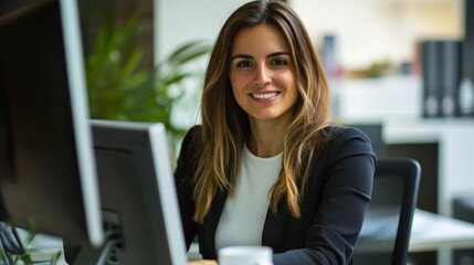 Businesswoman vide chatting with coworkers at computer in office