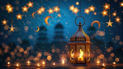A decorative lantern surrounded by stars and crescent moons, evoking a festive atmosphere.