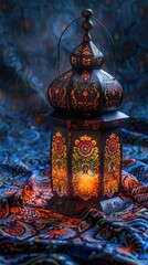 A beautifully designed lantern glowing softly against a vibrant patterned background.