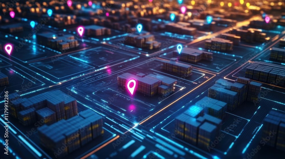 Poster glowing location pins hovering over cargo containers in a futuristic cityscape symbolize advanced tr