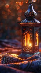 A beautifully crafted lantern emits a warm glow, set against a blurred, colorful background.