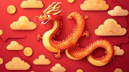 Obraz premium Vibrant Chinese dragon artwork with clouds and golden elements against a red backdrop