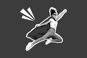 Creative photo collage of young excited superhero woman wear eye mask long mantle flying air strong isolated on bright red color background © deagreez