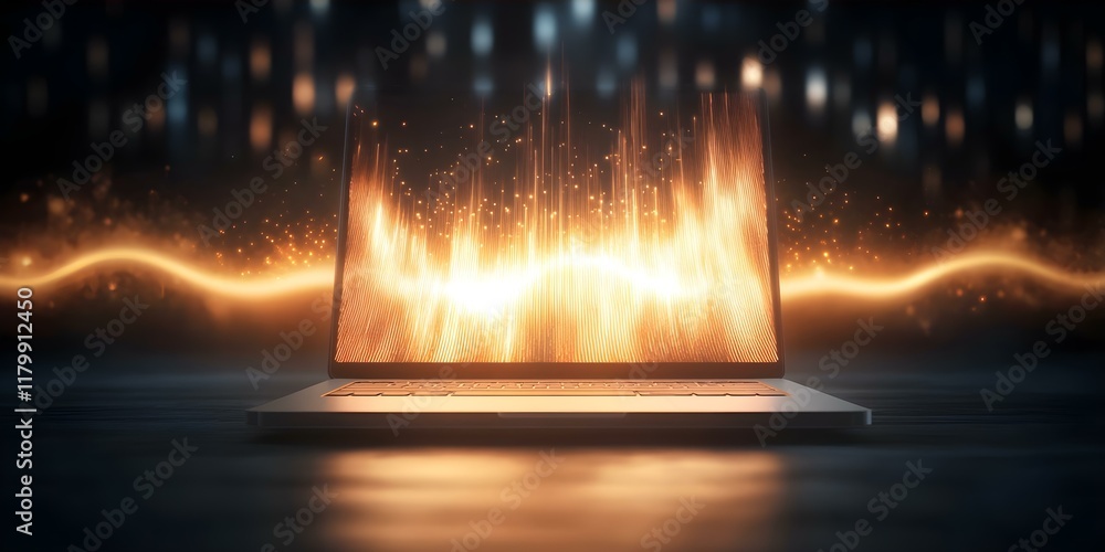 Poster a glowing laptop emits visual sound waves, surrounded by sparkling light effects, creating a futuris