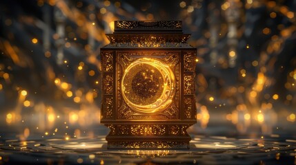 A mystical ornate box with a glowing circular core, surrounded by shimmering particles.