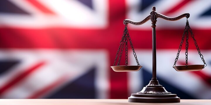 A scale of justice in front of a blurred British flag, symbolizing law and fairness in the UK. Concept Scale of Justice, British Flag, Law and Fairness, UK Symbolism, Justice Representation