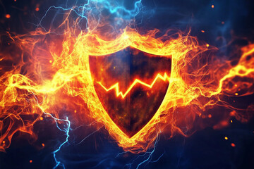 Fototapeta premium Elemental Cyber Defense: Digital Firewall with Fire and Lightning