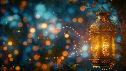 A beautifully illuminated lantern in a dreamy, bokeh-filled forest setting.
