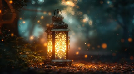 A glowing lantern illuminates a serene, misty forest path, creating a magical atmosphere.