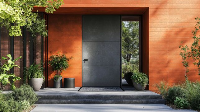  Modern front entrance with minimalist black door, vibrant orange walls, and lush greenery ideal for contemporary architecture websites or home design inspiration blogs