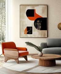 Modern minimalist living room, abstract geometric artwork, orange accent chair, gray sofa, wooden coffee table, neutral tones, clean lines, sleek design, uncluttered space, contemporary interior, brig