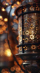 A decorative lantern casting warm light amidst a blurred background of glowing orbs.