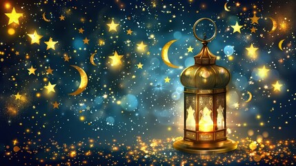 A glowing lantern amidst a starry night sky with moons and sparkling stars.