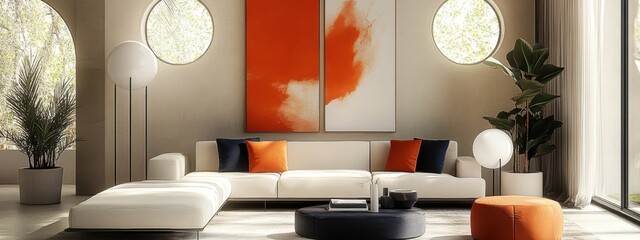 Minimalist living room, arched windows, white walls, orange abstract artwork, round ottoman, low profile sofa, potted plants, natural light, geometric shapes, modern interior design, warm color accent