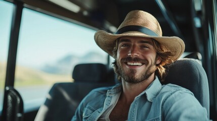 Handsome Man having Fun Traveling on Tour Bus