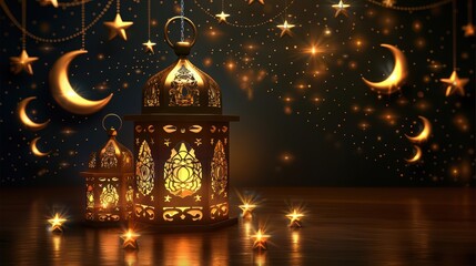 A serene display of illuminated lanterns with stars and crescent moons, evoking a festive atmosphere.