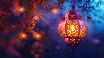 A beautifully illuminated lantern hanging amidst soft bokeh lights in a serene environment.