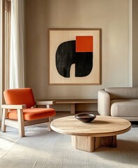 Modern minimalist living room, abstract geometric artwork, orange accent chair, gray sofa, wooden coffee table, neutral tones, clean lines, sleek design, uncluttered space, contemporary interior, brig