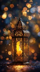 A beautifully crafted lantern with a candle, surrounded by a bokeh of warm lights.