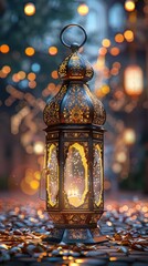 A beautifully designed lantern glowing softly amidst a festive atmosphere.