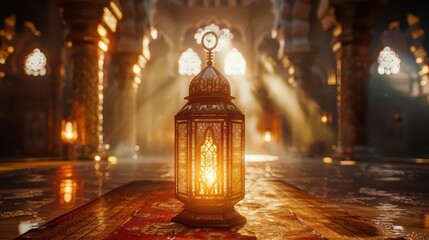 A beautifully illuminated lantern sits on a patterned rug in an ornate, atmospheric interior.