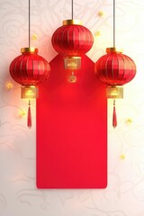 A vibrant red backdrop adorned with three traditional lanterns, perfect for festive celebrations or cultural events.